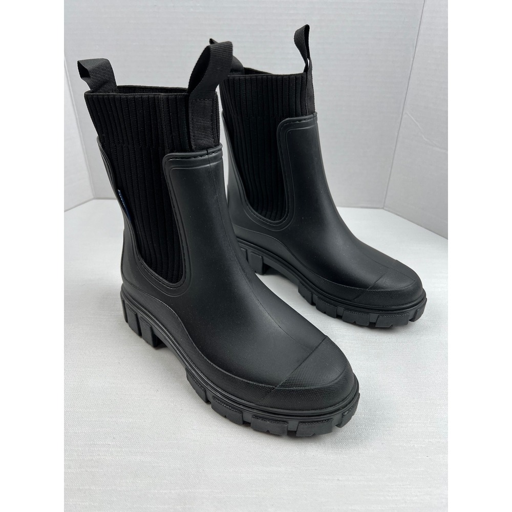UYIRAIN Black Ribbed Knit Sock Rain Boots Chunky Lug Sole Chelsea Ankle Boots 38